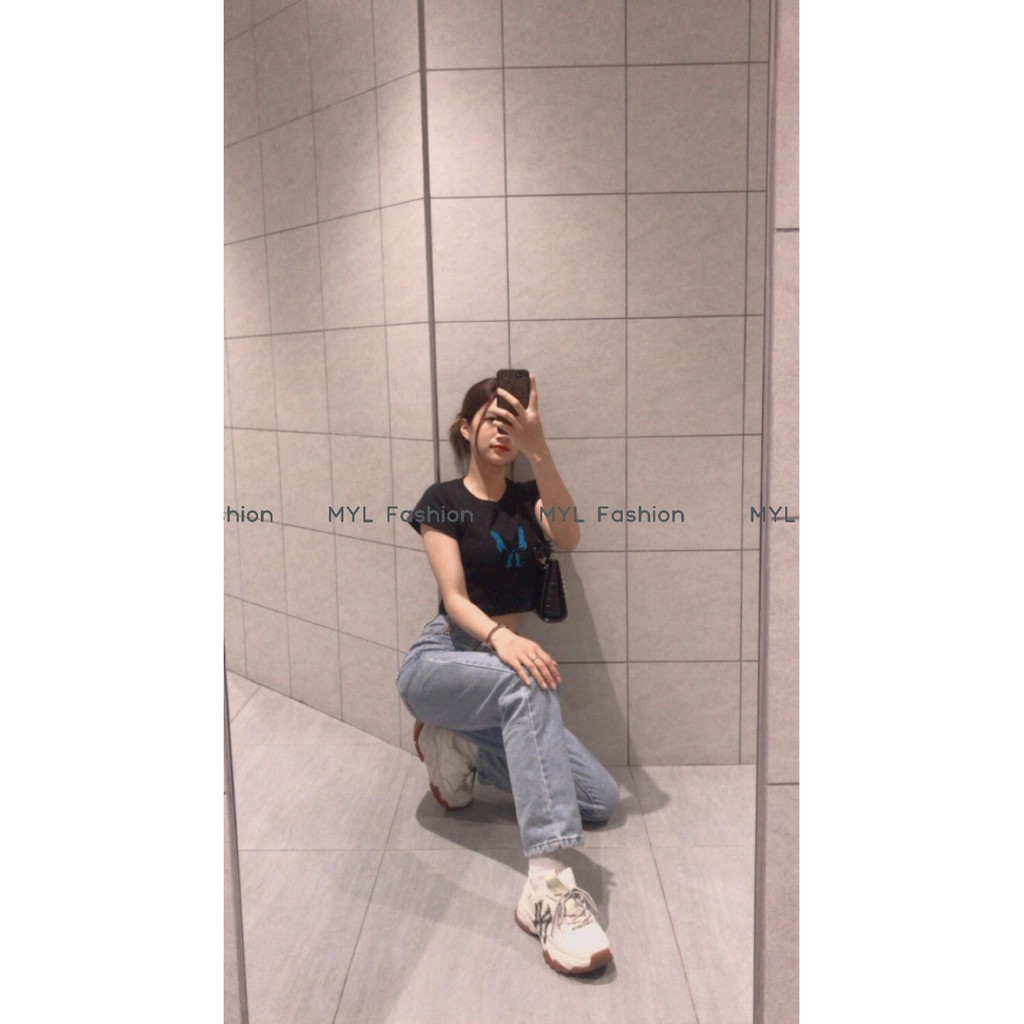 Áo croptop cộc tay, croptop thun gân tay ngắn thêu hình bướm, myl.fashion | BigBuy360 - bigbuy360.vn