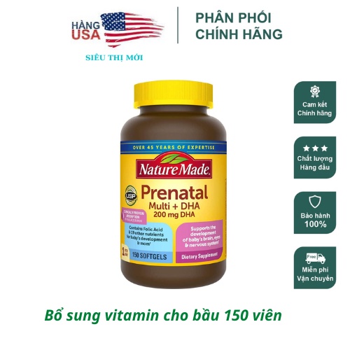 [ Mẫu mới date 2023]  Viên Uống Vitamin Tổng Hợp Và DHA Cho Bà Bầu Prenatal 150v - Mỹ| Siêu Thị Mới