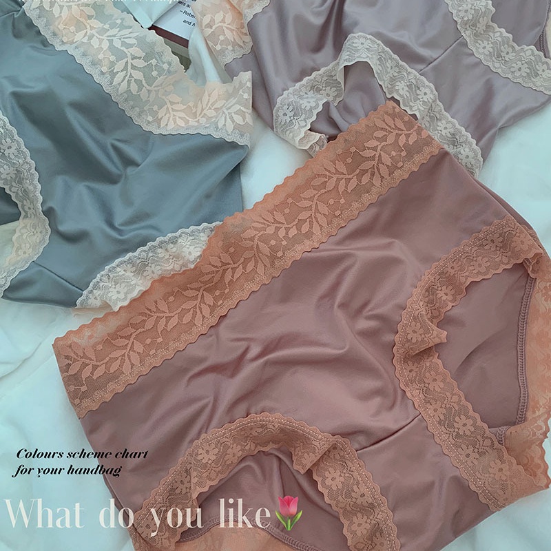 Quần Lót Lụa Lạnh Phối Ren Lưng Cao Cỡ Vừa Thời Trang Cho Nữ