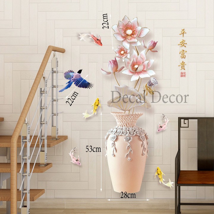 Decal Trang Trí 3D Dán Tường Bình Hoa Sen Và Cá 60x90cm - Decal Decor Phòng Ngủ, Phòng Khách, Văn Phòng Làm Việc