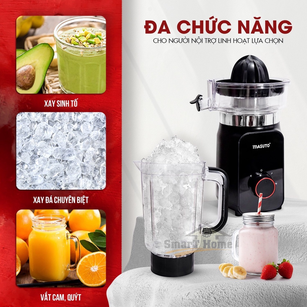 Máy Xay Sinh Tố MASUTO BLENDER 1.2L - Máy Vắt Cam 0.2L Siêu Nhanh, Xay Nhuyễn Mịn Chỉ Trong 10s - Hàng Chính Hãng