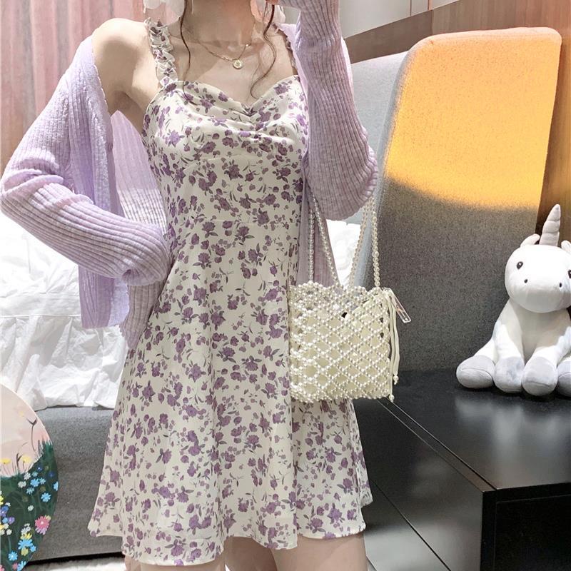 Đầm hai dây in hoa nhỏ phong cách Hàn Quốc - Hàng nhập khẩu