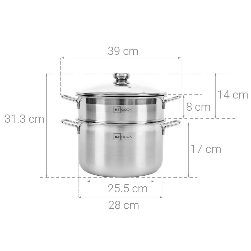 Bộ nồi xửng hấp Inox 1 đáy nắp kính H.T Cook HTNX28001 28cm sử dụng bếp từ