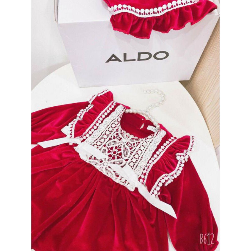 Váy nhung đỏ họa tiết ren hạt kèm mũ siêu đẹp cho bé gái 0-24m