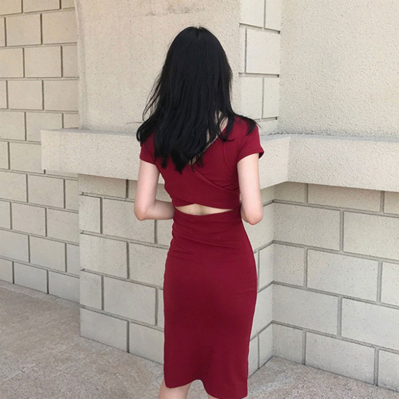 Brroa Đầm Midi Tay Ngắn Cổ Thuyền Dáng Bút Chì Hở Lưng Chéo Màu Trơn Xẻ Tà Bên Hông Gợi Cảm Cho Bạn Gái