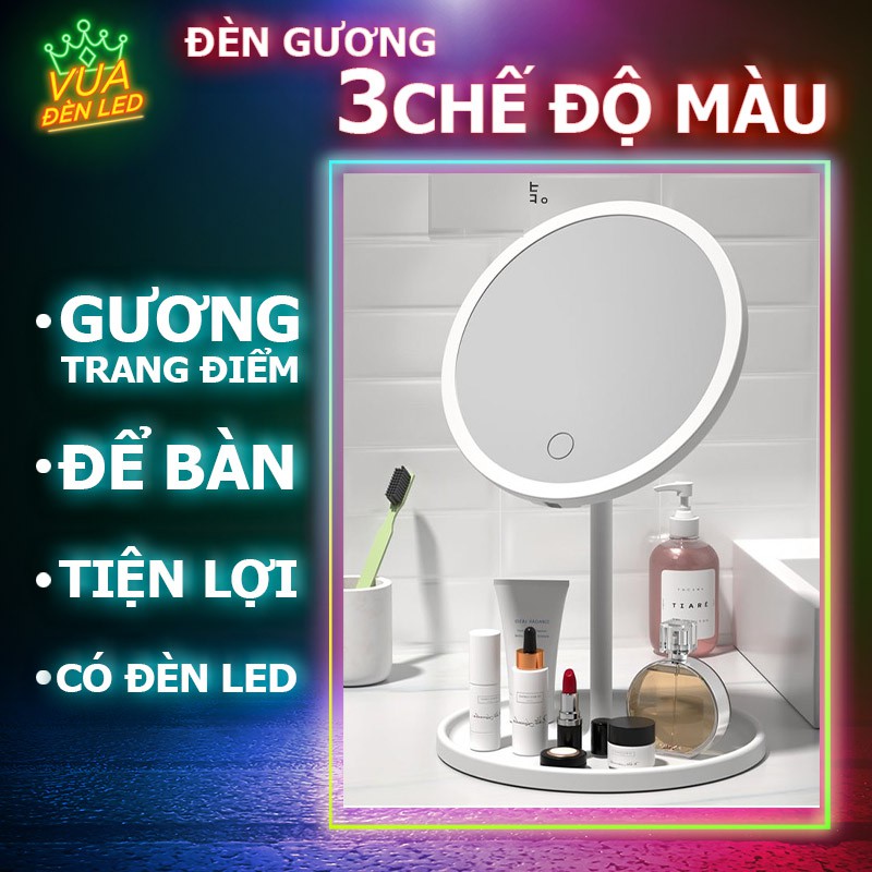 【Có sẵn】Gương để bàn trang điểm có đèn led cảm ứng, 3 chế độ ánh sáng