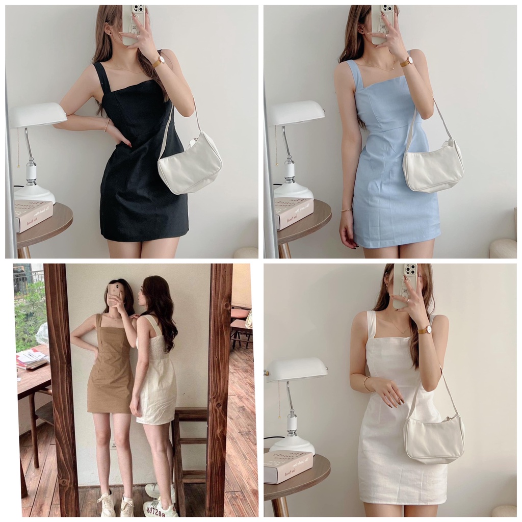 [SẴN/video] Váy hai dây minidress quai bản to lưng chun 2 lớp tôn dáng dễ mặc