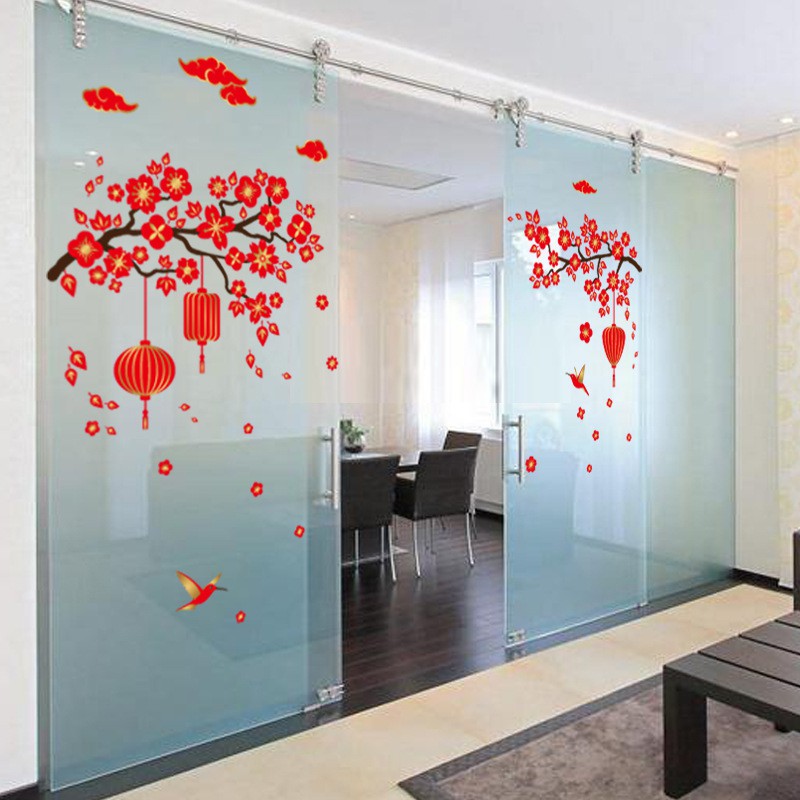 Decal trang trí tết, hình dán trang trí năm mới hoa đào đỏ mai đỏ