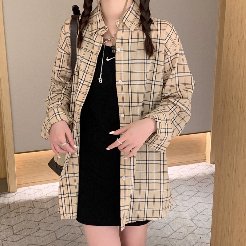 ZHELIHANGFEI Áo Sơ Mi Caro Tay Dài Dáng Rộng Thời Trang Cho Nữ