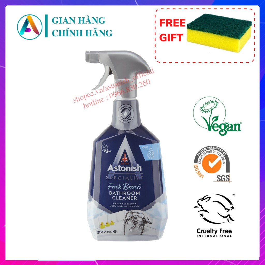 Chai Xịt Tẩy Rửa Vết Bẩn Phòng Tắm Astonish C6710 Tẩy Cặn Canxi Trên Vòi Nước, Bồn Rửa Và Bồn Tắm, Tường Và Gương Kính