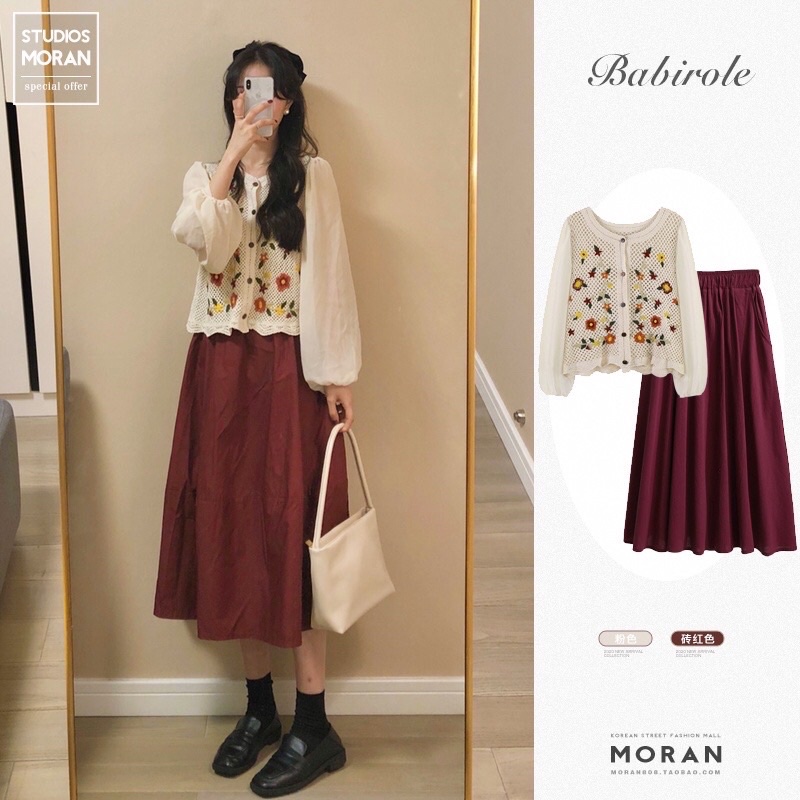 (Order) Set áo sơ mi đan móc thêu hoa vintage đáng yêu cổ tích+ Chân váy xoè dài màu đỏ Moran Hàn Quốc