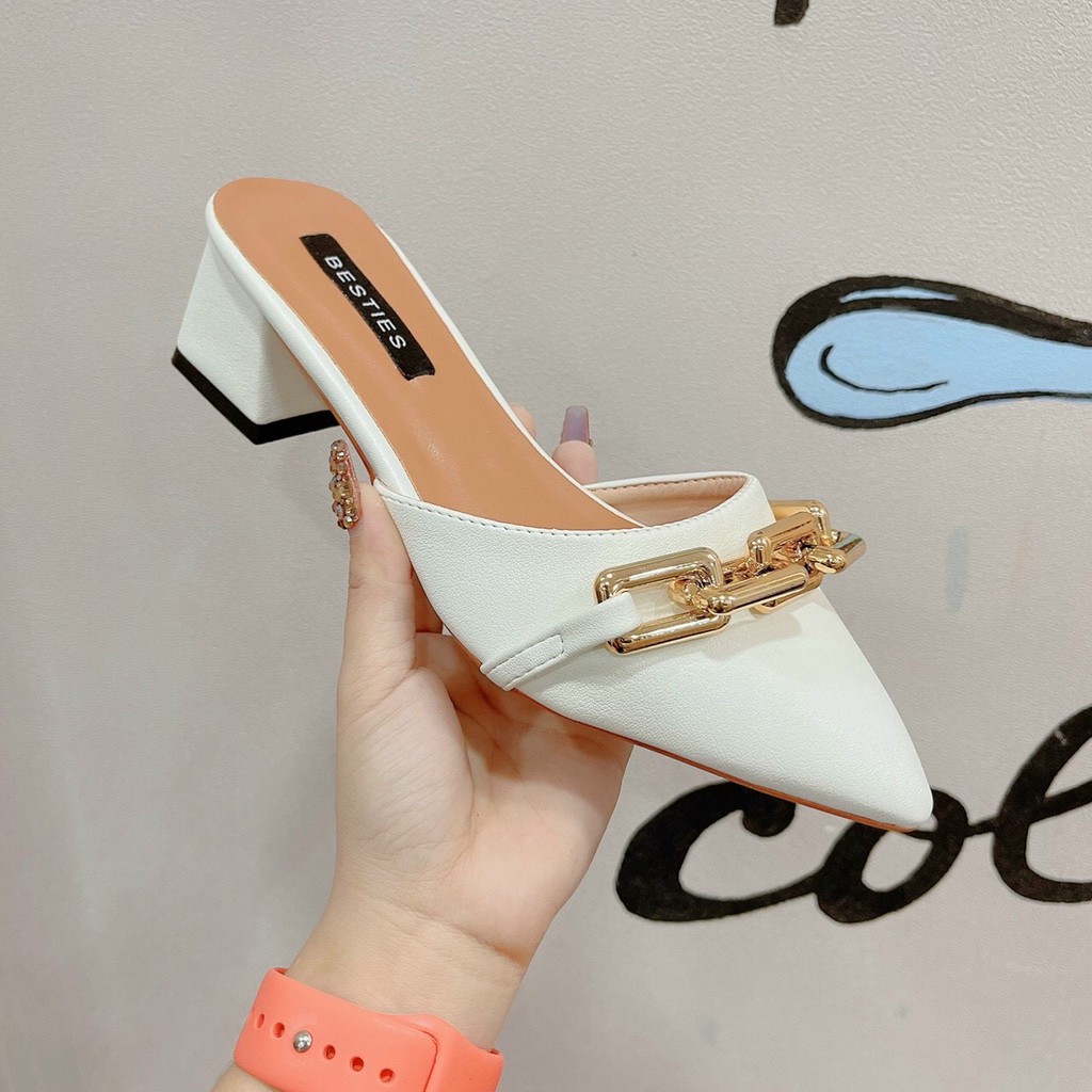 Giày/Sục Nữ Mũi Nhọn Phối Dây Xích Chất Da Xi Cao Cấp Đế Cao 5p Sang Chảnh Ôm From Lên Dáng Siêu Đẹp-T160