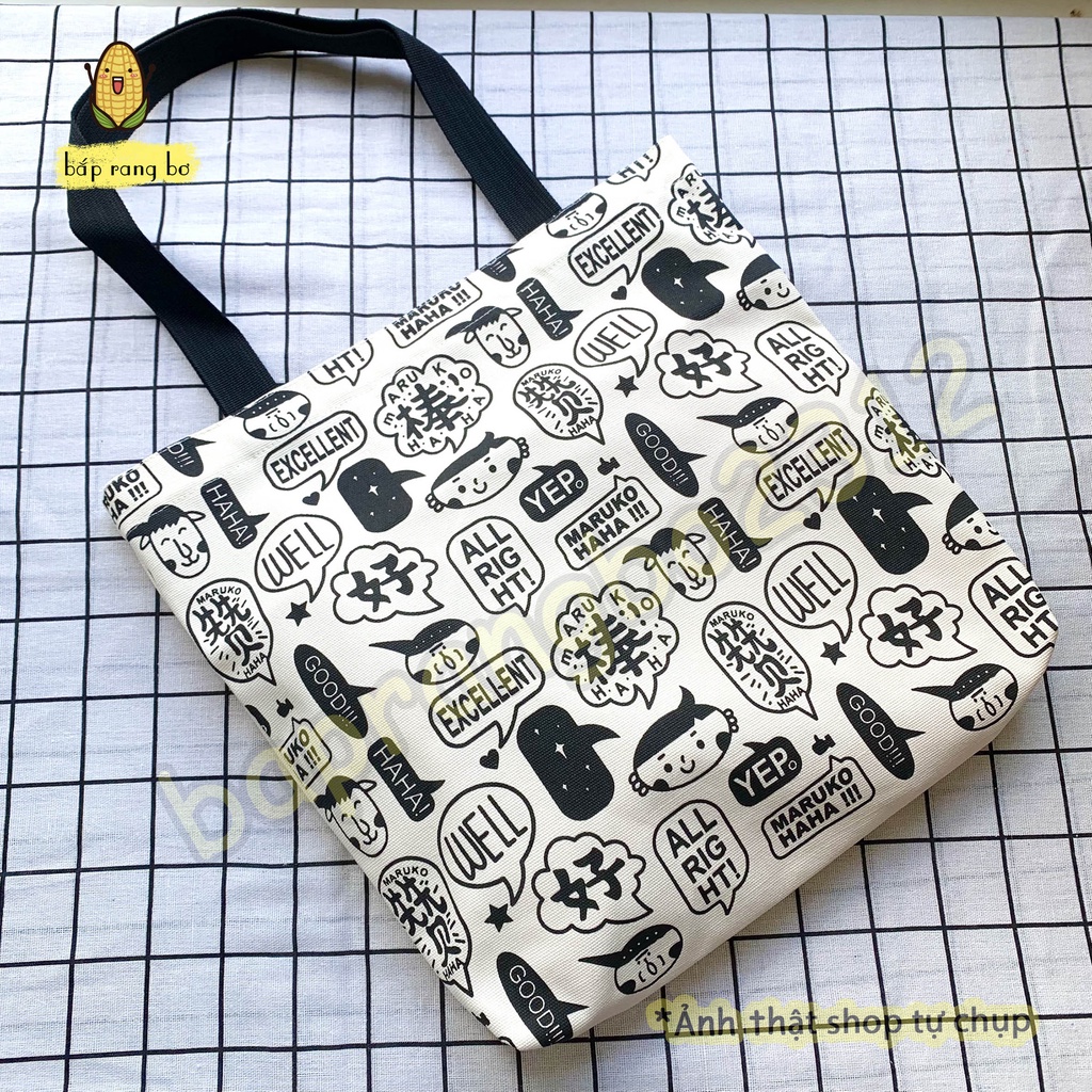 TÚI VẢI CANVAS ĐEO VAI CÚN ĐEN CHỮ ALLRIGHT CÓ DÂY KÉO