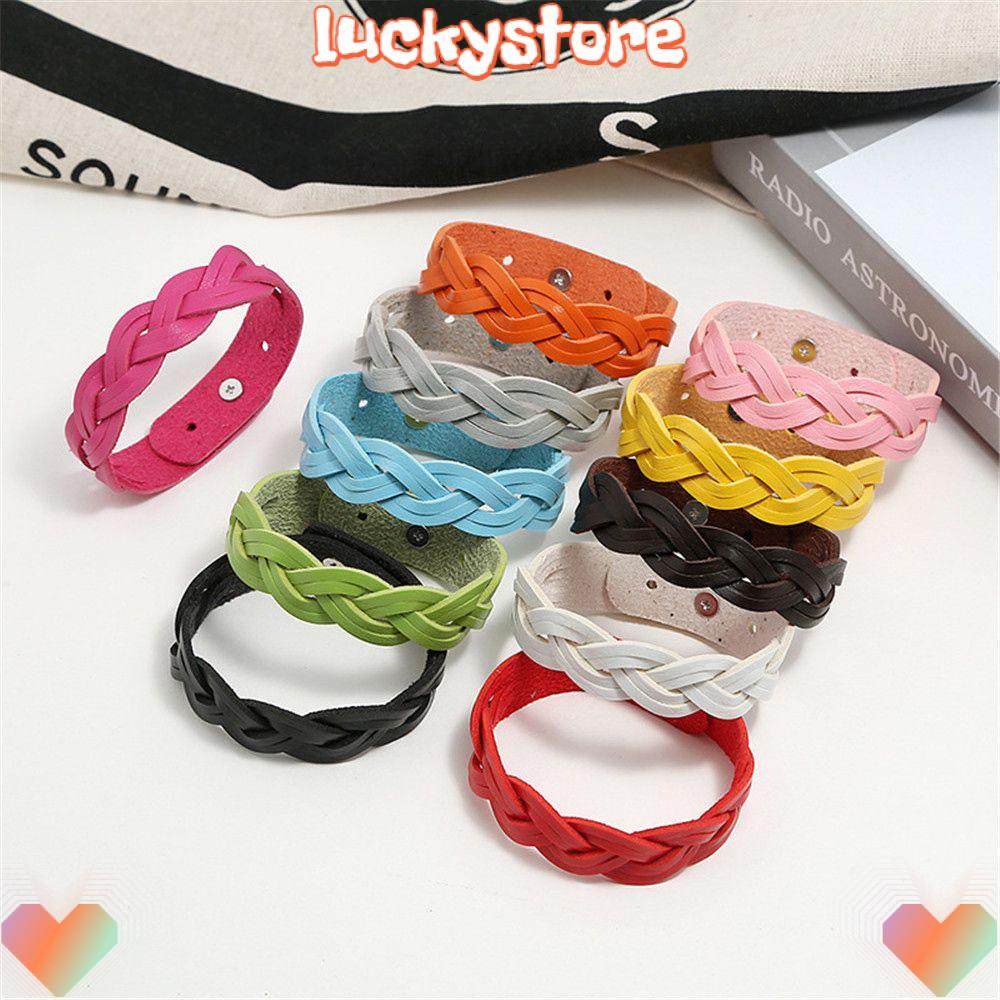LUCKY Simple Punk Snap Bracelet Girls Gift Leather Bracelet Braided Twist Jewelry Alloy Buckle Adjustable Korean Style Student Bangle Wristband/Multicolor
