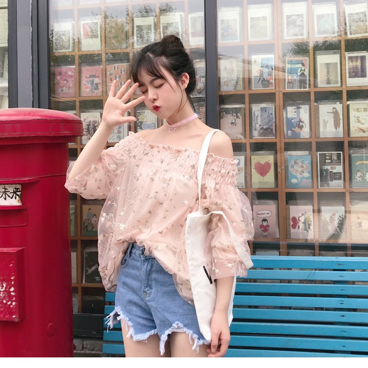 SẴN HỒNG | Áo trễ vai lưới thêu hoa ulzzang T3635