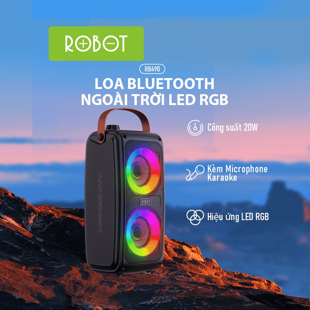 Loa Bluetooth Karaok Ngoài Trời Hiệu Ứng LED ROBOT RB490 Kèm Micro Công Suất Lớn 20W Hỗ Trợ Thẻ Nhớ MicroSD USB AUX FM