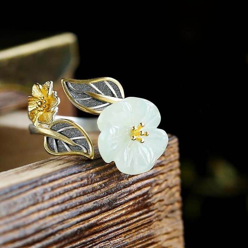 Nhẫn Hở Mạ Bạc 925 Đính Ngọc Bích Hình Hoa Đào Phong Cách Cổ Điển Có Thể Điều Chỉnh Cho Cô Dâu