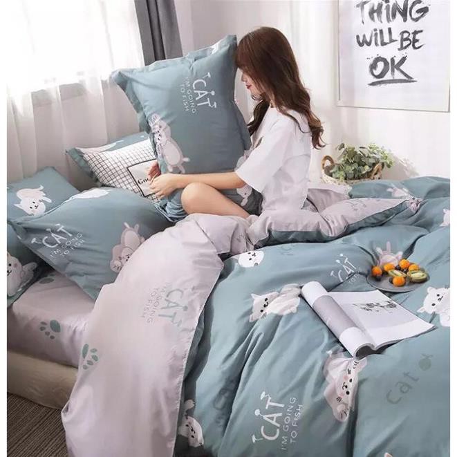 Bộ chăn ga gối đệm cotton poly Mèo Fish nhập khẩu bộ 4 món Chăn, ga , 2 vỏ gối