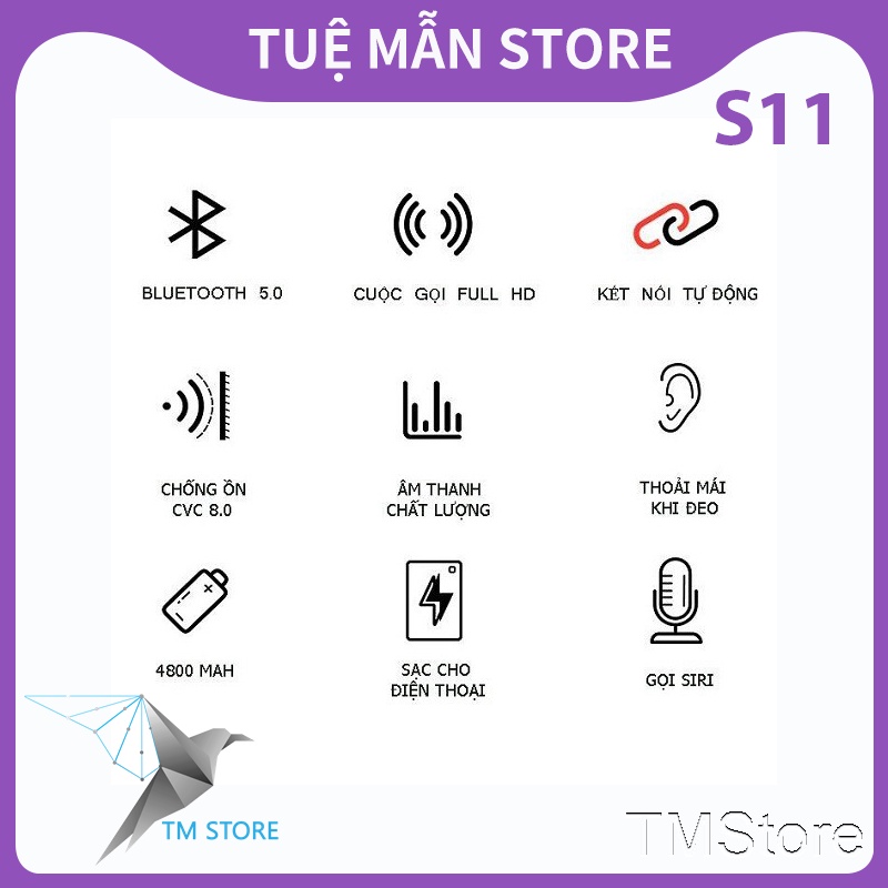 Tai nghe bluetooth không dây S11 TWS TM Shop kiêm sạc dự phòng 4800mAh chống nước Ipx5 chống ồn nhét tai chính hãng