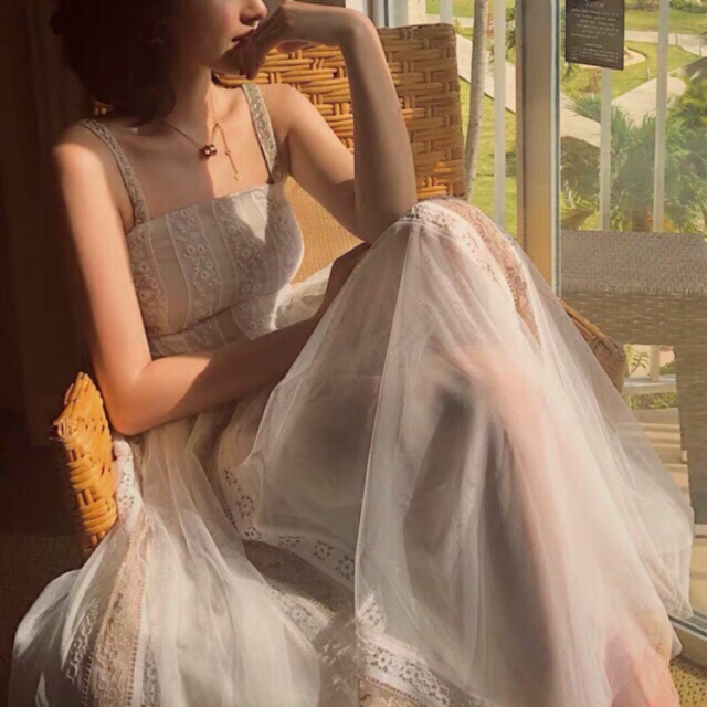 Váy maxi trắng pha ren oder QC