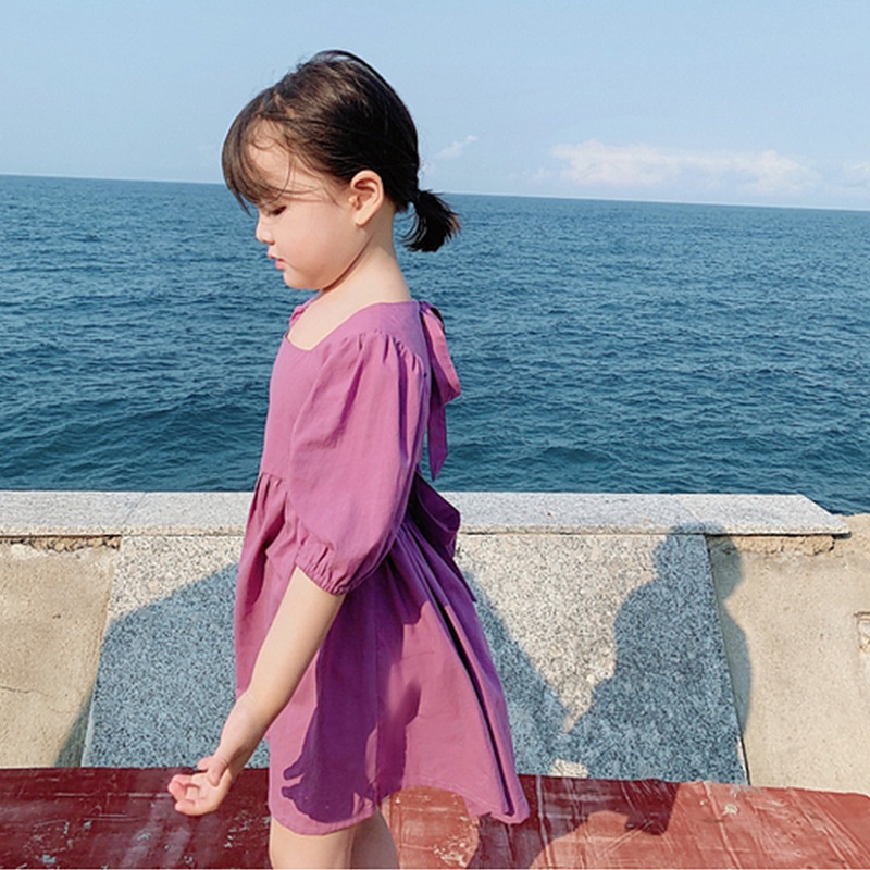 Váy cho bé gái Đầm Công Chúa Tay Phồng Ngắn Hở Lưng Màu Trơn Thời Trang Mùa Hè Cho Bé Gái 1-6 Tuổi