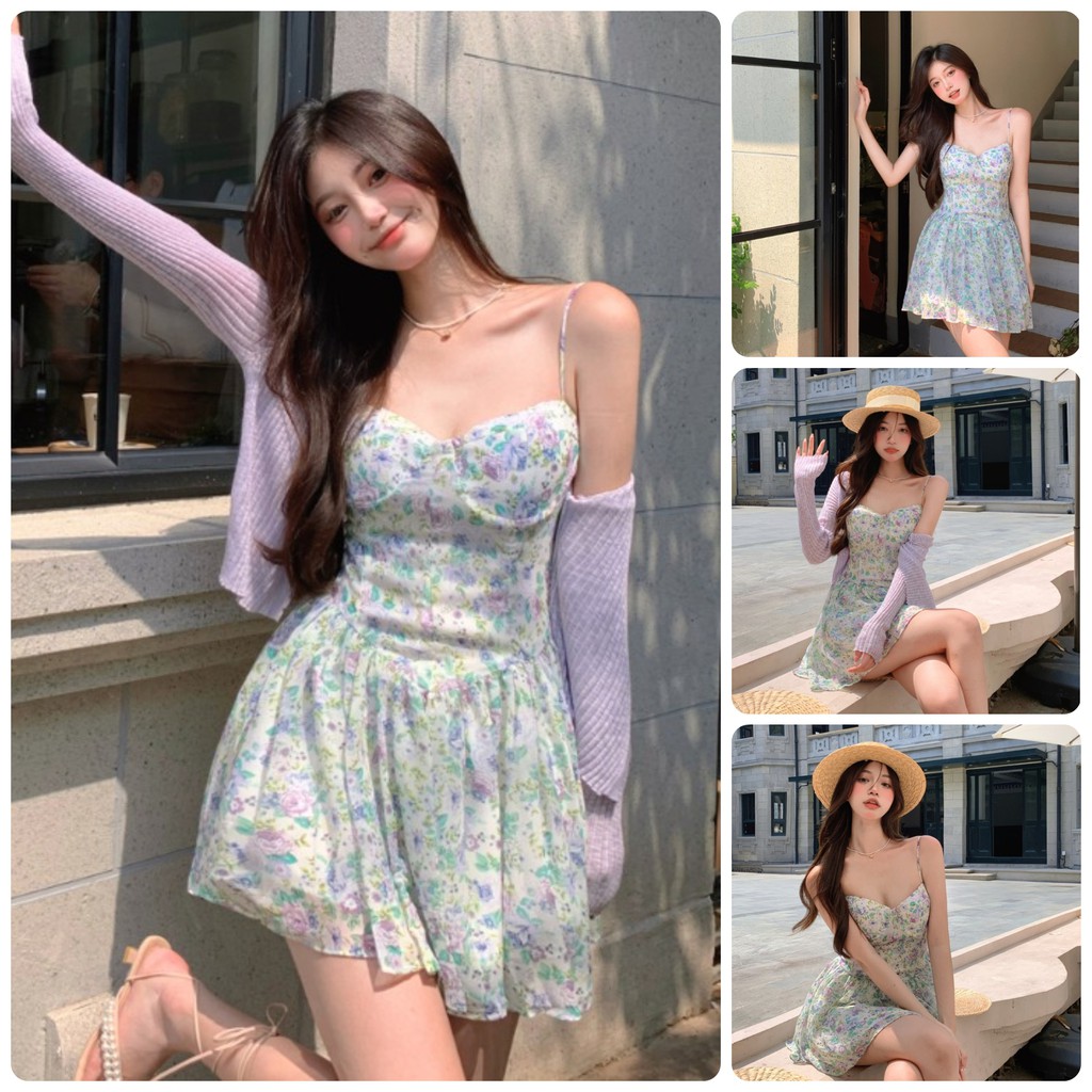 Set Váy 2 Dây Hoa Nhí Kèm Áo Cardigan Nàng Thơ Có Mút Ngực Tiểu Thư Bánh Bèo - Smart House - Cam Kết Chất Lượng