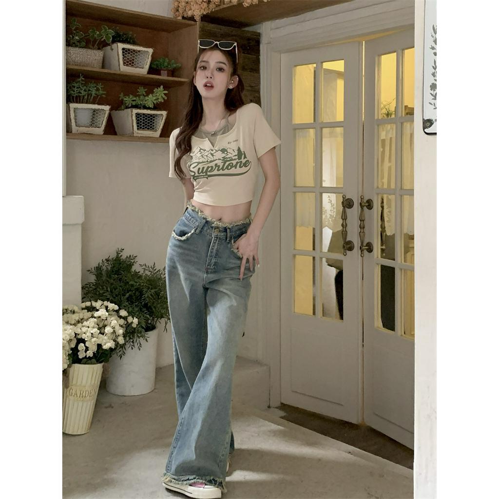 QADCOL Áo Thun Ngắn Tay Giả Hai Lớp Phong Cách Mỹ Vintage Thời Trang Mùa Hè Cho Nữ