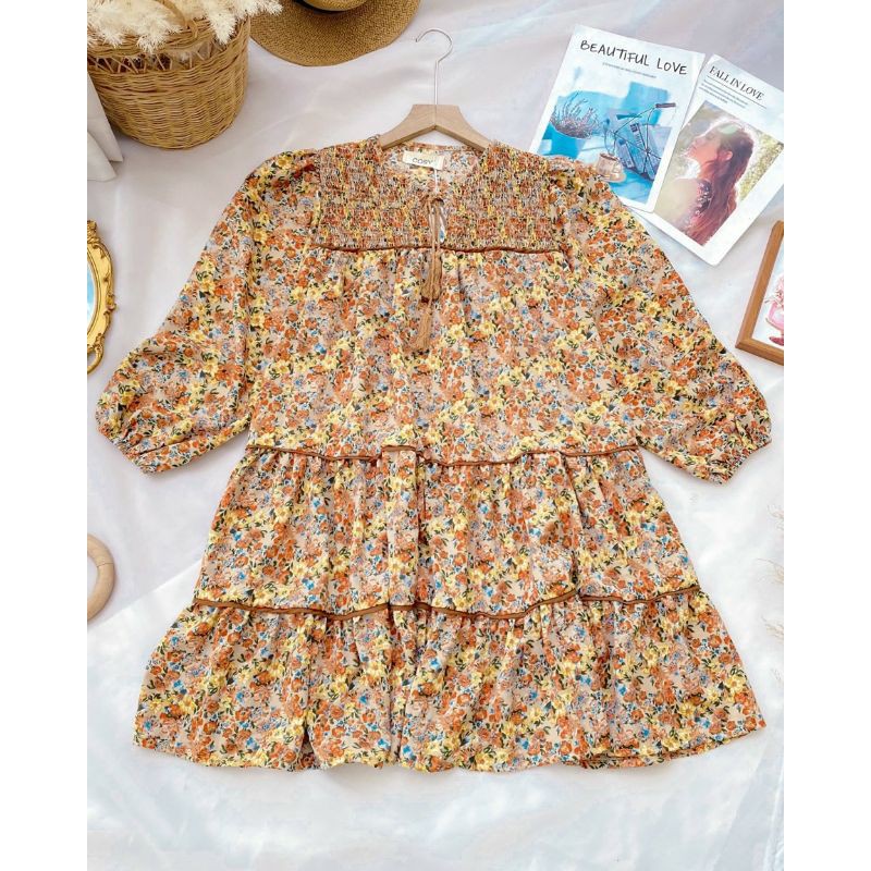 Đầm dáng suông babydoll tay phồng, váy xuông rộng hoa nhí xì tin - KCH