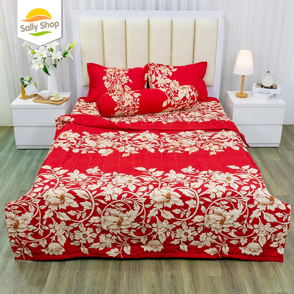 Bộ 4 Món Chăn Hè Thu Trần Bông Kèm Drap Trải Giường Vải Cotton Poly Mẫu HOÀNG GIA ĐỎ