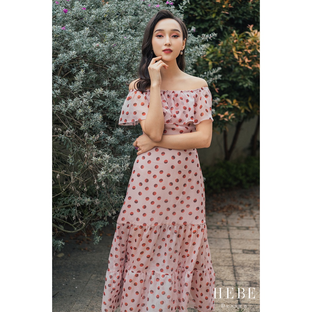 Đầm trễ vai họa tiết chấm bi_HebeDesign_thời trang nữ cao cấp