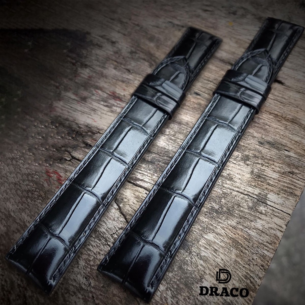 Dây da đồng hồ Draco DDDH01màu đen size 20 -22 chất liệu da bò thật cao cấp dập vân cá sấu- t