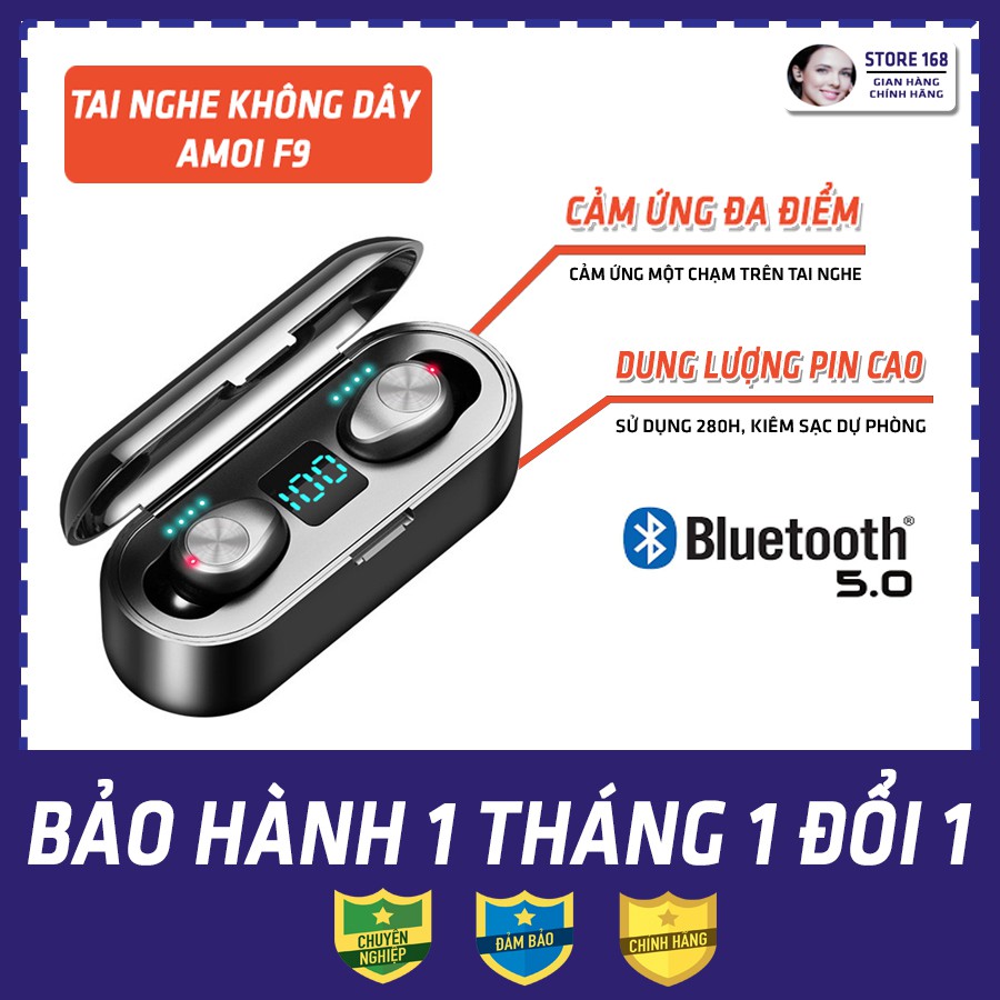 Tai nghe true wireless AMOI F9, có cảm ứng đa điểm, Bluetooth 5.0, Pin hơn 200 giờ, Kiêm sạc dự phòng, Bảo hành 1 tháng