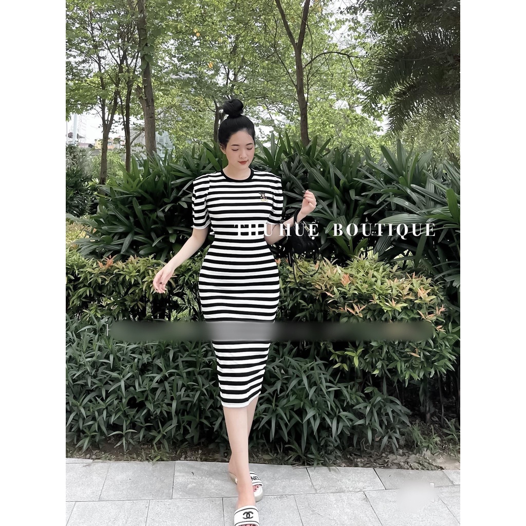 váy body kẻ hở lưng,đầm dáng dài chất zip co giãn độ body-Miny shop