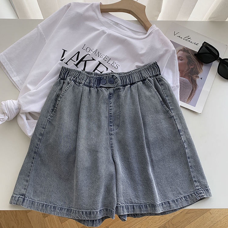 Quần short denim lưng cao ống rộng mềm mại thời trang cho nữ