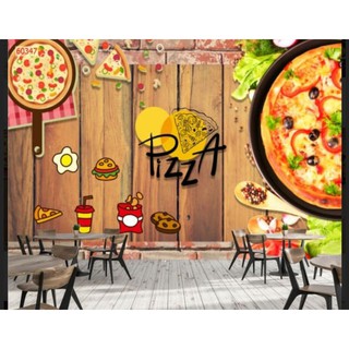 tranh dán quán Pizza, quán ăn vặt 3D in Vải Lụa