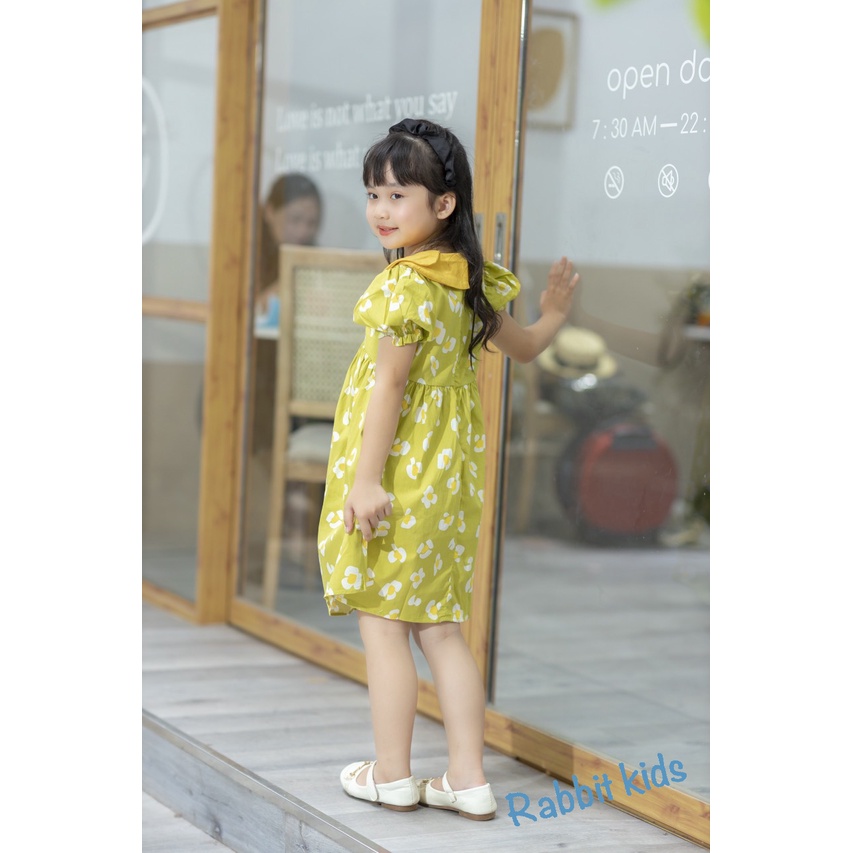 Váy Mùa Hè Bé Gái💝FREESHIP💝Rabbit Kids-Đầm Size Đại Cho Bé 8-40kg Xanh Cốm Cổ Vàng Chất Đũi Mềm Mại Thoáng Mát