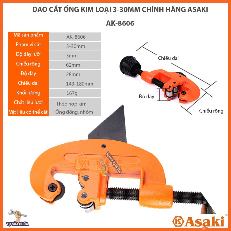 Dao cắt ống ASAKI AK-8606 3-30mm chuyên cắt ống đồng, ống nhôm, ống thép, kim loại mỏng siêu sắc, chất lượng cao