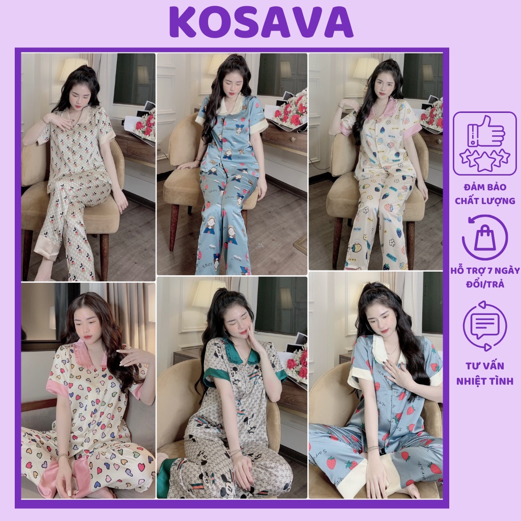 Đồ bộ nữ pijama lụa ngủ mặc nhà tiểu thư tay ngắn quần dài chất liệu satin dễ thương KOSAVA