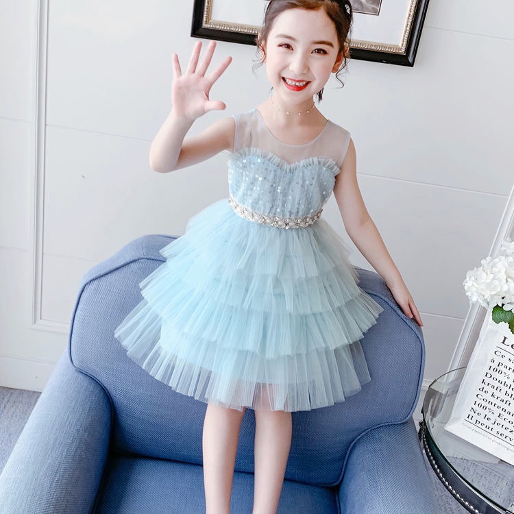 Váy ren xoè màu xanh phối lưới sát nách nhiều tầng cho bé gái  N01171