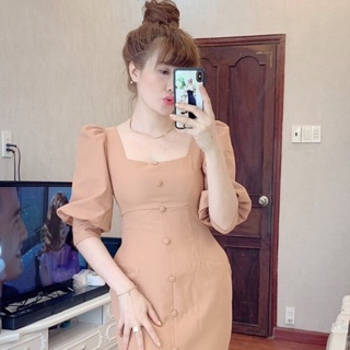 Váy body cổ vuông tay bồng