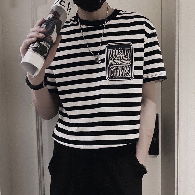 Áo Thun Nam Ngắn Tay Họa Tiết Sọc Ngang Thời Trang 2022