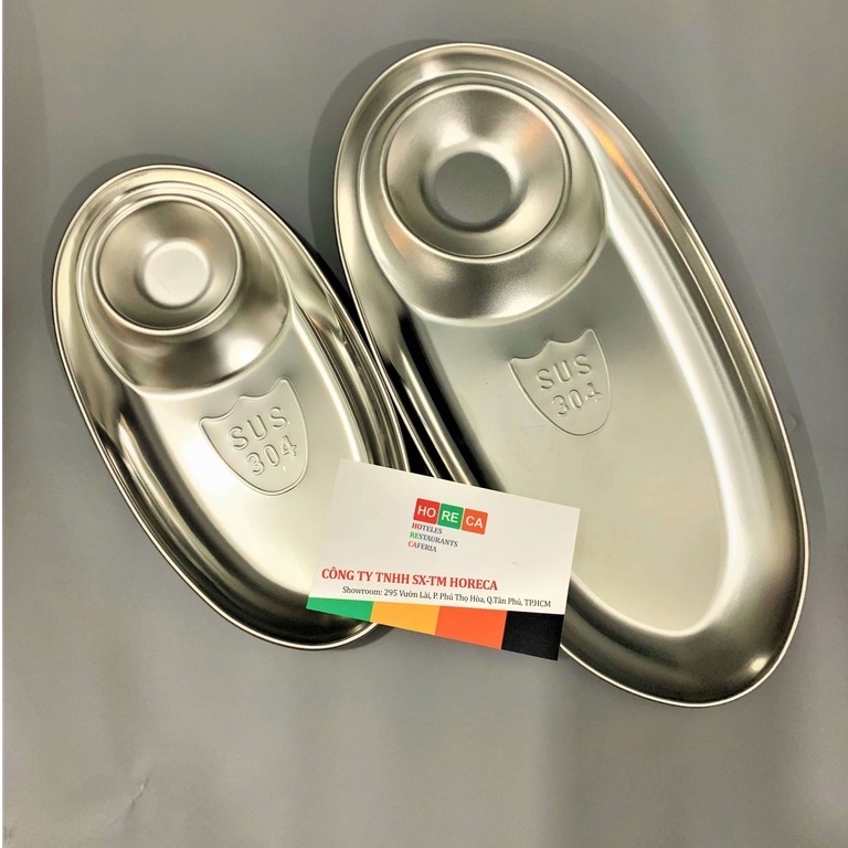 Đĩa (dĩa) Inox 304 hàn quốc, khay đựng khoai tây chiên, có ngăn chia đựng tương, hình bầu dục, inox vàng, inox trắng