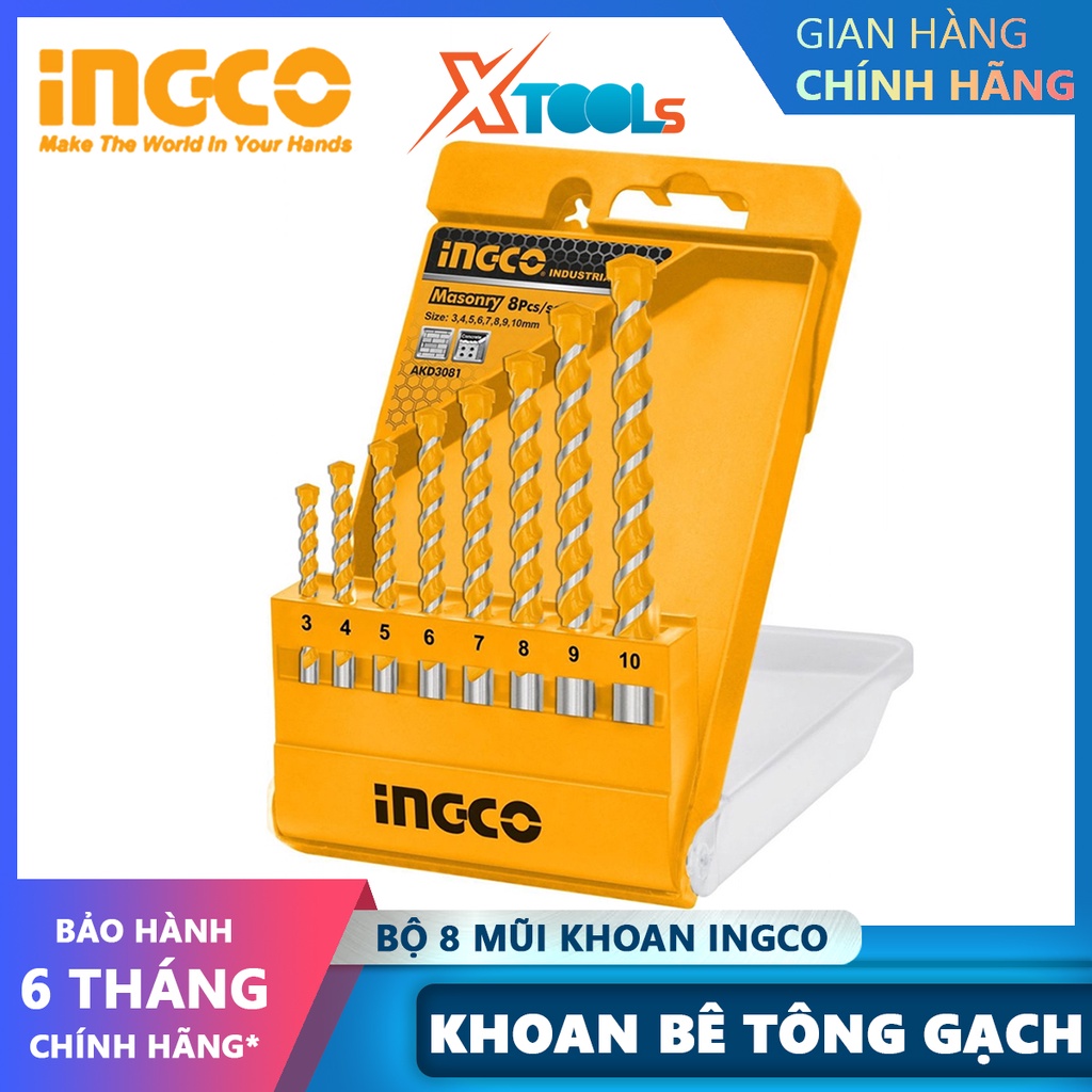 Bộ mũi khoan bê tông 8 chi tiết INGCO AKD3081 | bộ 8 mũi khoan kích thước lần lượt 3X60，4X75，5X85，6X100，7X100，8X120，9X12