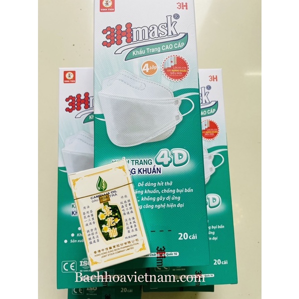 COMBO 5 hộp (100 cái) khẩu trang 4 lớp 3Hmask, tặng 01 chai dầu hoa trà 3.5ml giá 33k, khẩu trang 4D, 3Hmask, khẩu trang