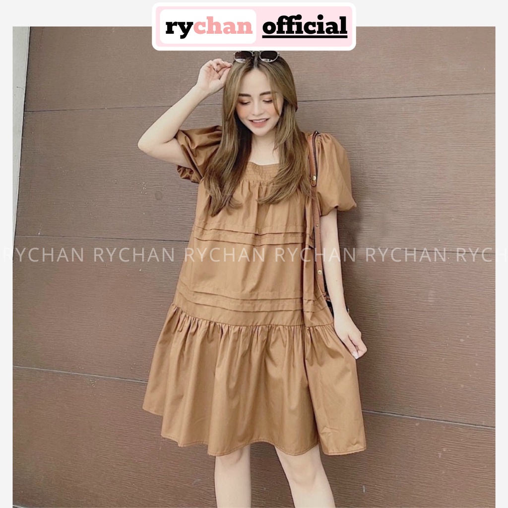 Đầm BABYDOLL  Đi Chơi Cổ Vuông Tay Phồng Phối Viền Xếp Li Đuôi Cá Màu Kem[ẢNH THẬT CUỐI] - DX9852