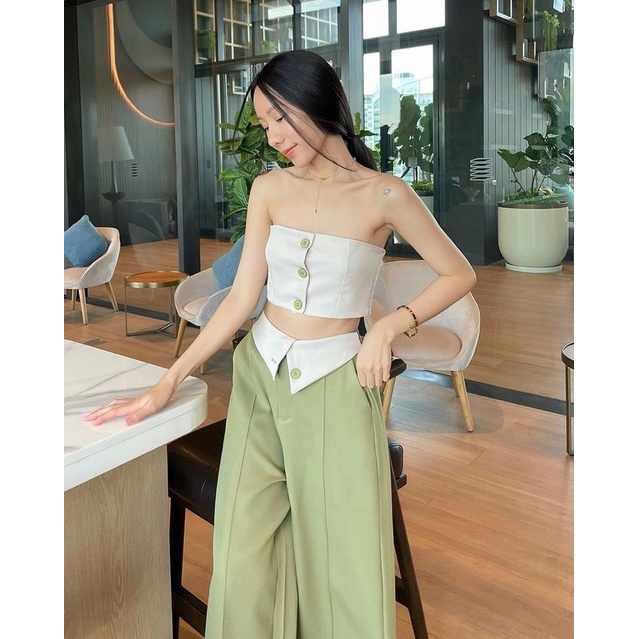 Set áo ống croptop quây ôm body kèm quần ống rộng lưng cao xanh bơ thiết kế - by Sugargalz