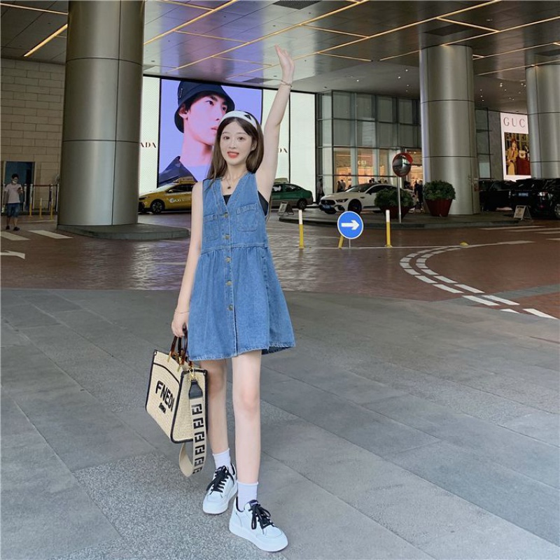 Đầm Yếm Denim Mỏng Thời Trang Mùa set yếm váy yếm bò nữ đầm Set Đầm Tay Phồng Chất Liệu Denim Phong Cách Hàn Quốc