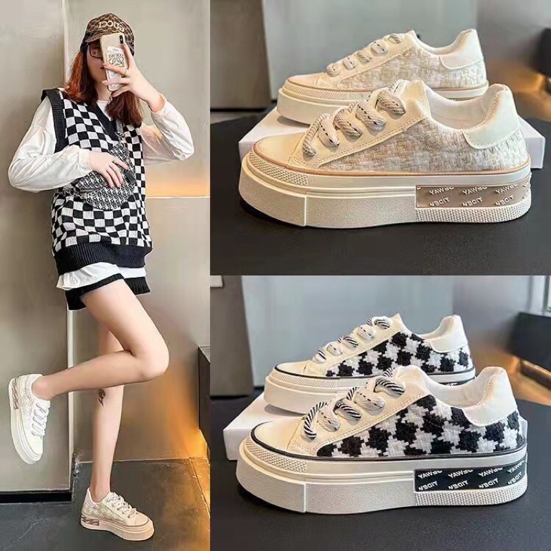 Giày thể thao nữ dạ kẻ Way kèm 2 đôi dây chuẩn hàng QC chất đẹp