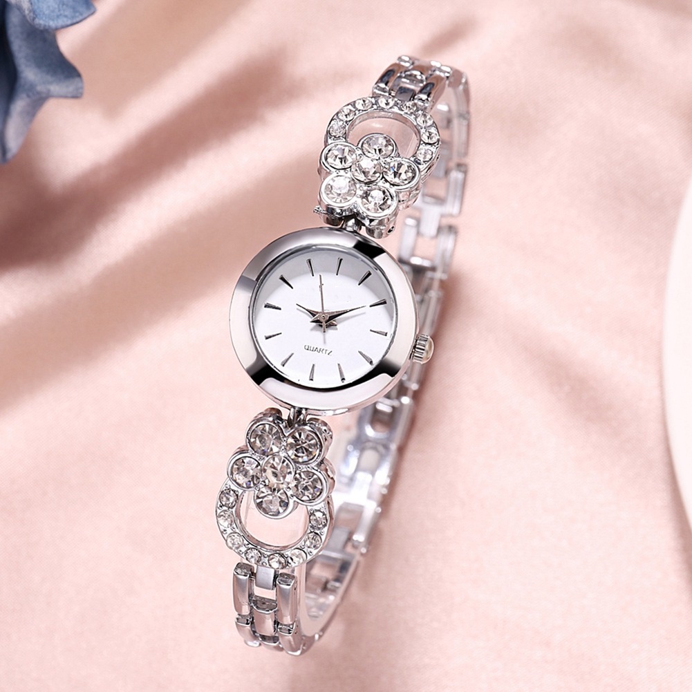 MACmk Elegant Women Rhinestone Flower Round Dial Alloy Band  Analog Quartz Wrist Watch