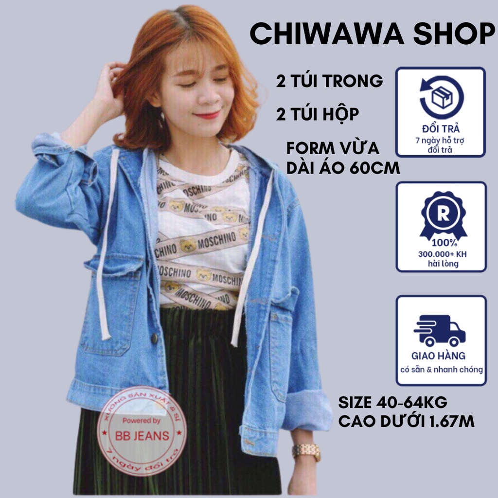 Áo khoác jean nữ có mũ hai túi trước BB cao cấp form dưới 58Kg BB72